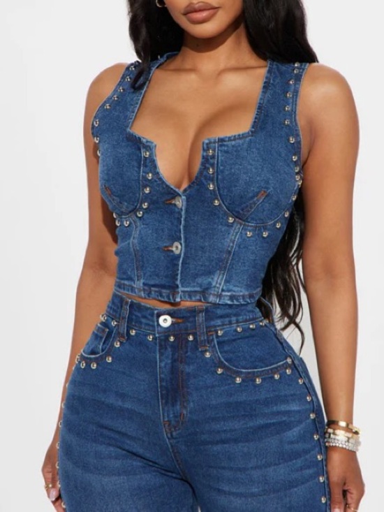 Fashion Nova Jackets & Blazers - Fashion Nova Studded Denim Corset Crop Top Y2K Western Cowgirl Moto Jean Bustier